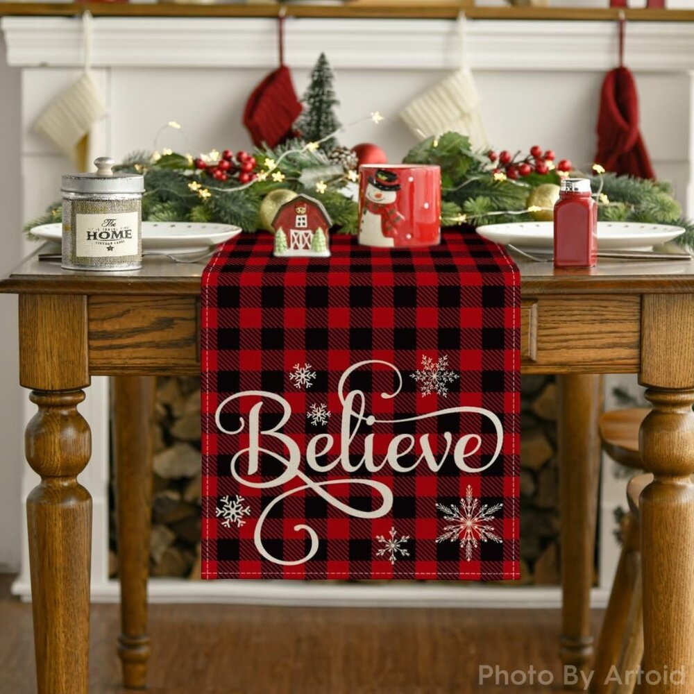 Believe Xmas Red and Black Buffalo Plaid Table Runner, Seasonal Winter 13x72"
